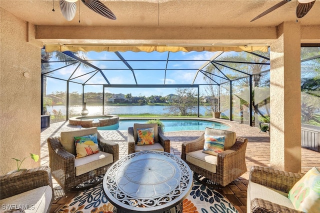 view of patio with an outdoor hangout area, a water view, glass enclosure, and a pool with hot tub