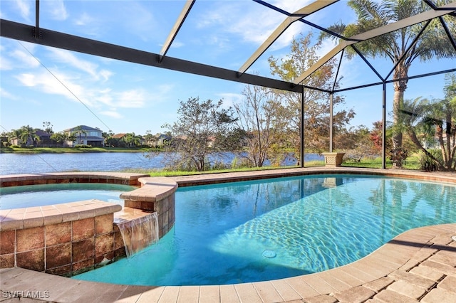 view of pool featuring an in ground hot tub, a water view, and glass enclosure