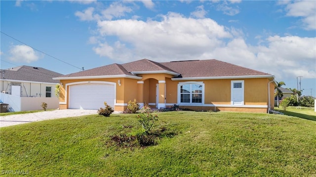 ranch-style house with a front yard and a garage