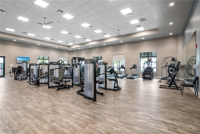 gym with ceiling fan, light hardwood / wood-style floors, a drop ceiling, and a towering ceiling