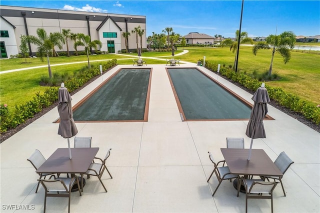 view of pool with a yard and a water view