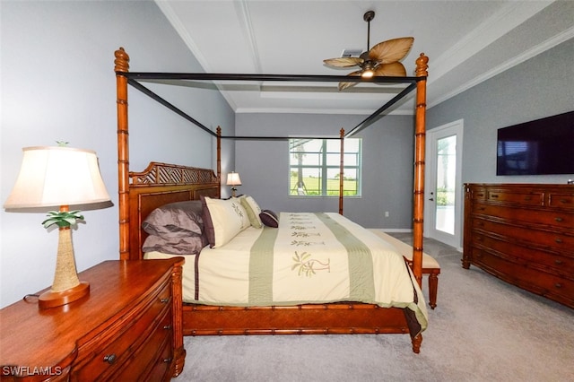 carpeted bedroom featuring crown molding and ceiling fan