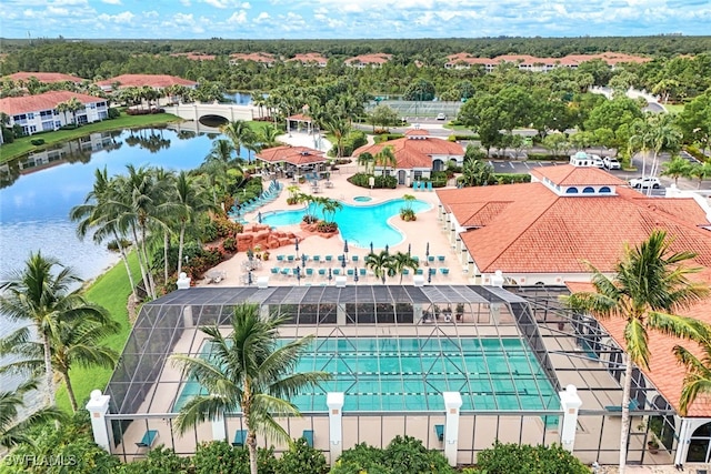 bird's eye view with a water view