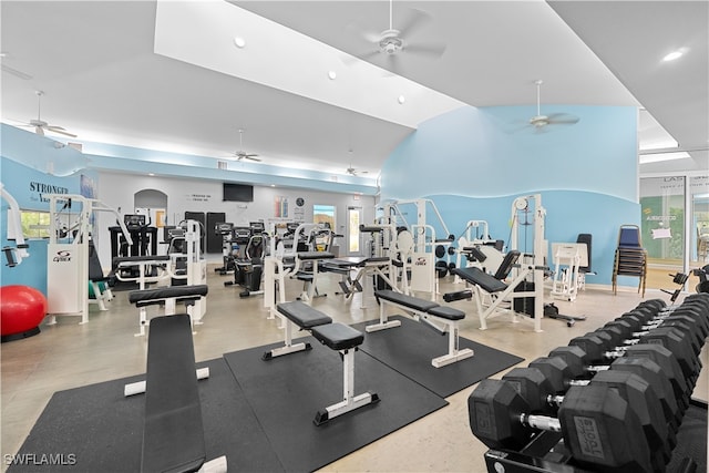 exercise room with ceiling fan