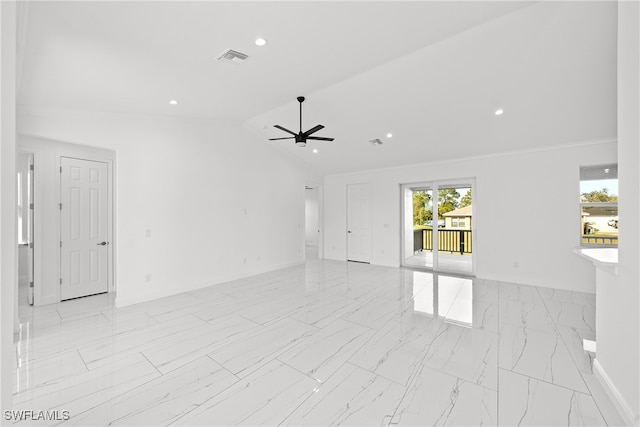 spare room with ceiling fan and lofted ceiling