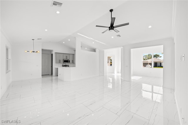 unfurnished living room featuring ceiling fan, lofted ceiling, and ornamental molding