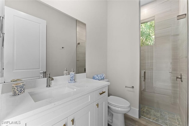 full bathroom with toilet, a shower stall, and vanity