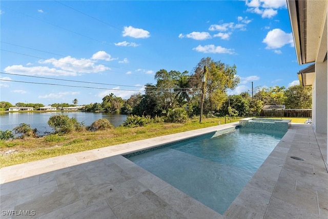 view of pool featuring a water view and a pool with connected hot tub