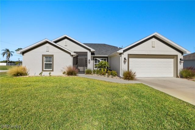 ranch-style house with a garage and a front yard