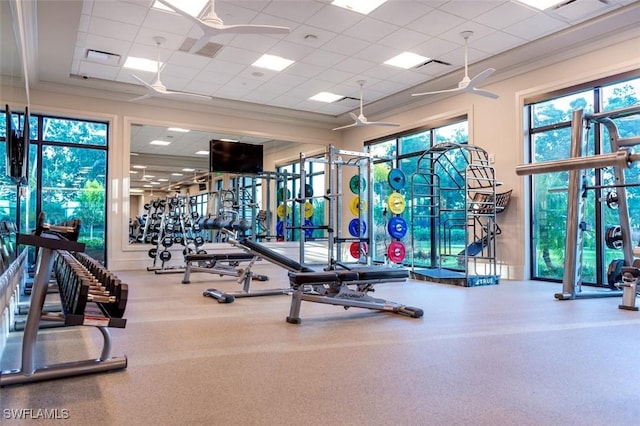 exercise room with a paneled ceiling, ceiling fan, and ornamental molding