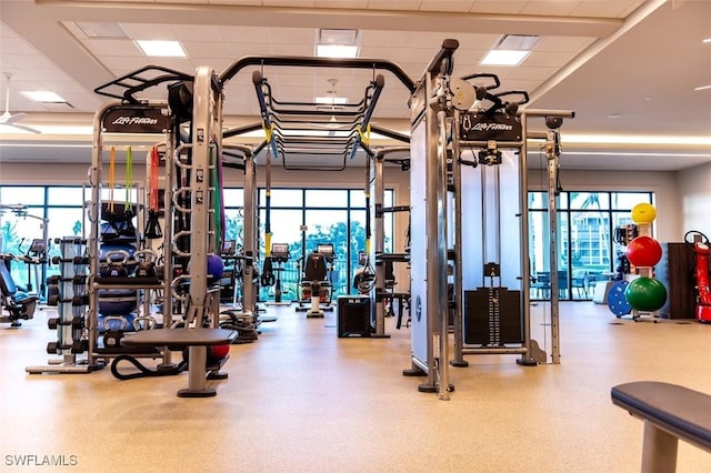 exercise room with a wealth of natural light and a drop ceiling