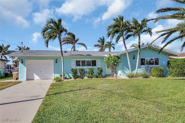 single story home featuring a garage, driveway, stucco siding, and a front lawn