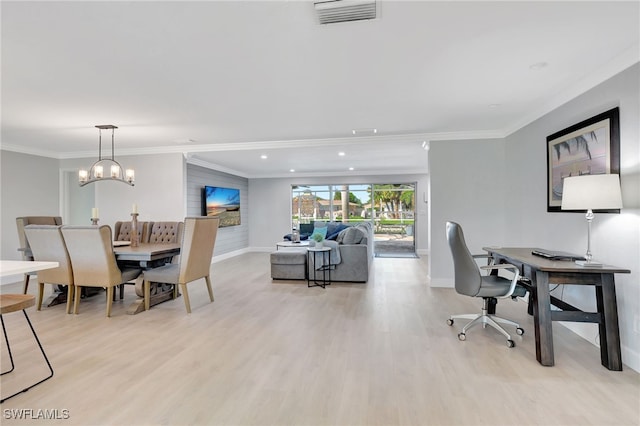 dining space featuring baseboards, light wood finished floors, crown molding, recessed lighting, and a chandelier
