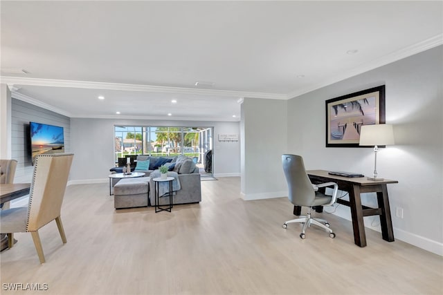 office with crown molding and light wood-type flooring