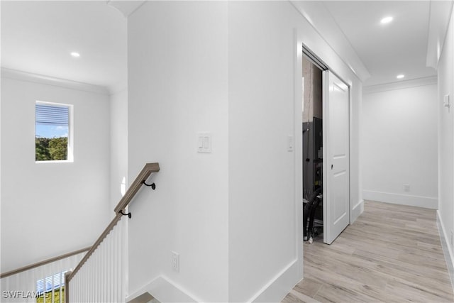 hall featuring ornamental molding and light hardwood / wood-style floors