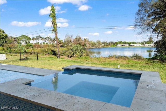 view of pool featuring a water view and a yard