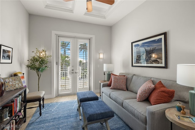 living room featuring ceiling fan and french doors