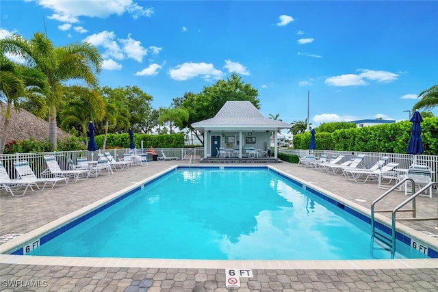 view of swimming pool featuring a patio area