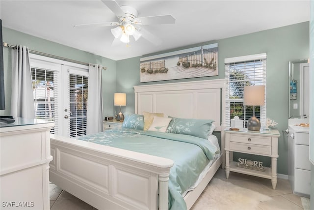 bedroom with ceiling fan, light tile patterned floors, access to outside, and french doors