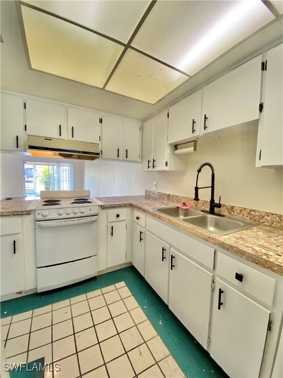 kitchen featuring white cabinets, white range oven, and sink