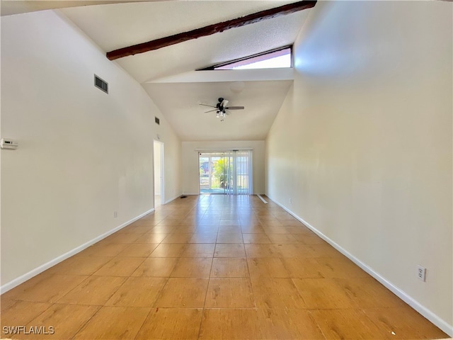 unfurnished room with ceiling fan, beam ceiling, light tile patterned floors, and high vaulted ceiling