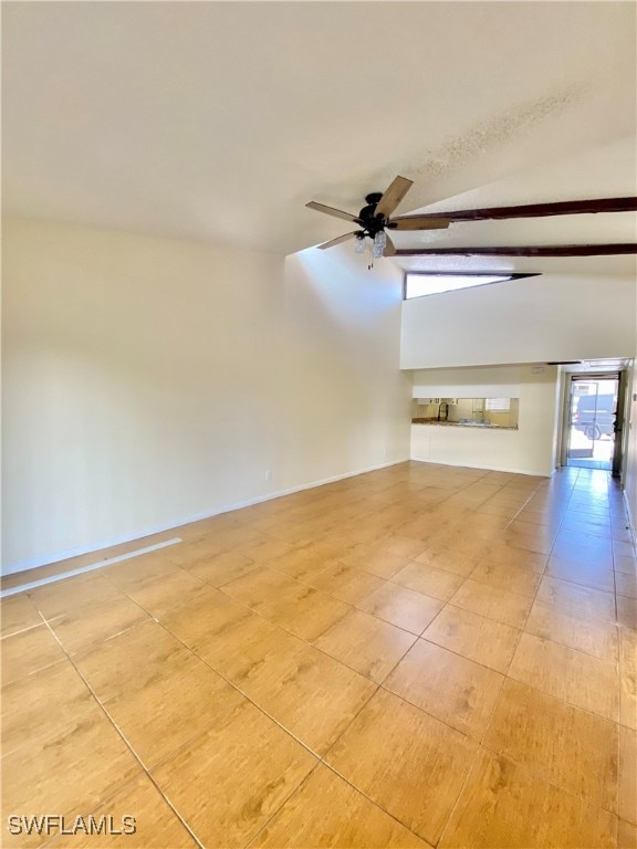 unfurnished room featuring lofted ceiling with beams and ceiling fan