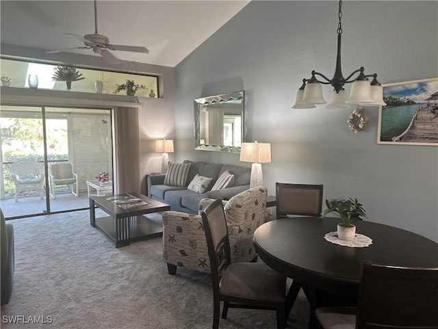 carpeted living room featuring high vaulted ceiling and ceiling fan