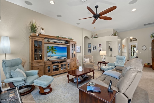 living room with ceiling fan