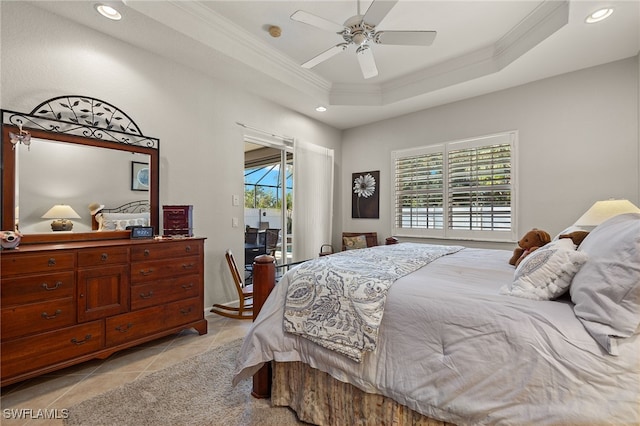 tiled bedroom with access to exterior, ceiling fan, crown molding, and multiple windows