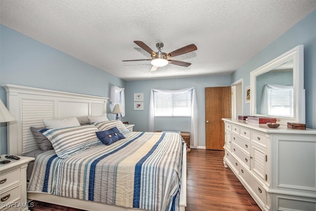 bedroom featuring a textured ceiling, ceiling fan, dark wood-type flooring, and multiple windows