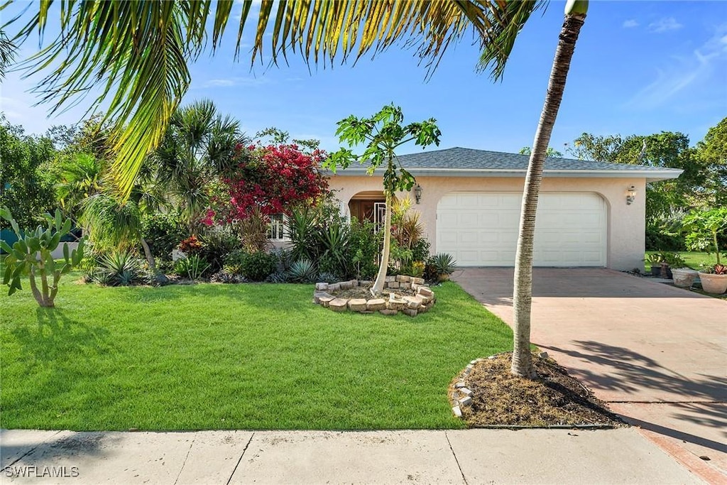 view of front facade with a front yard and a garage