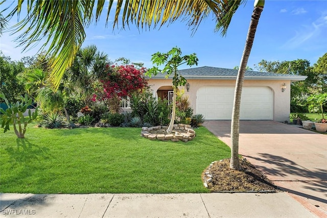 view of front facade with a front yard and a garage