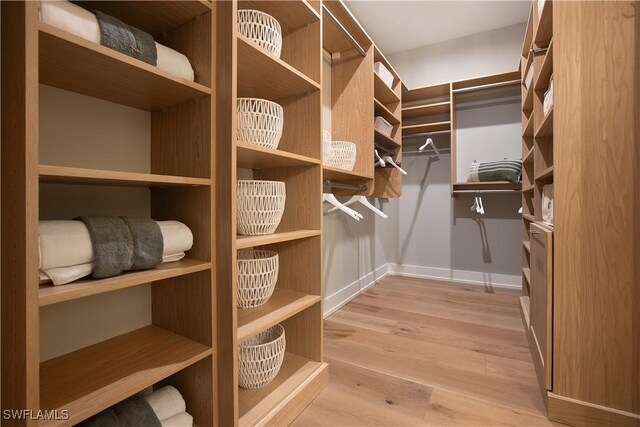 walk in closet with light hardwood / wood-style flooring