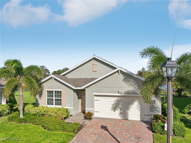 single story home with a garage and a front lawn