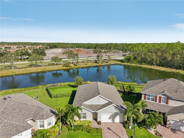 drone / aerial view featuring a water view