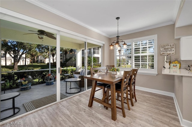 dining space featuring crown molding, light hardwood / wood-style floors, and ceiling fan