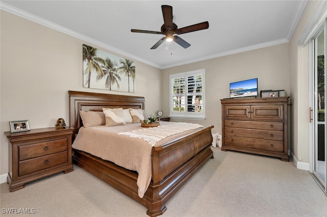 bedroom featuring ornamental molding, light carpet, and ceiling fan