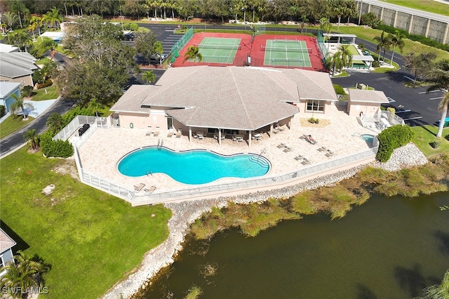 birds eye view of property featuring a water view