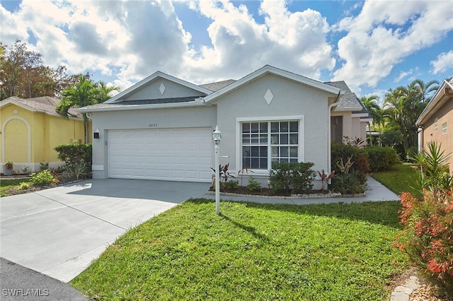 single story home with a garage and a front yard