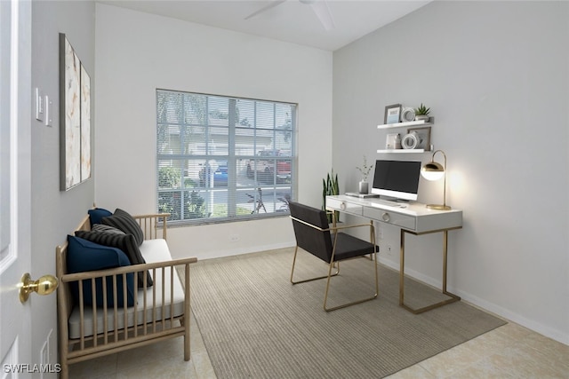 tiled office with ceiling fan