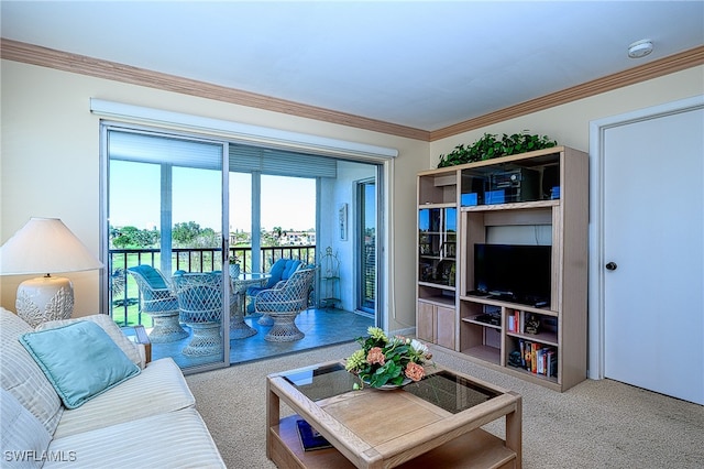 carpeted living room featuring ornamental molding