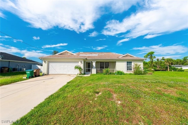 ranch-style house with a garage and a front yard