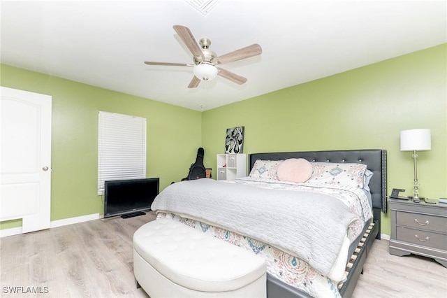 bedroom with light hardwood / wood-style floors and ceiling fan