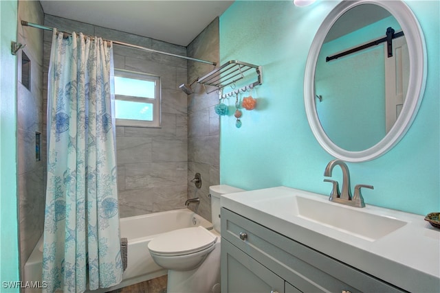 full bathroom featuring vanity, hardwood / wood-style flooring, shower / bathtub combination with curtain, and toilet