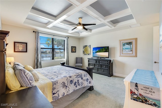 bedroom featuring beamed ceiling, light colored carpet, ceiling fan, and coffered ceiling