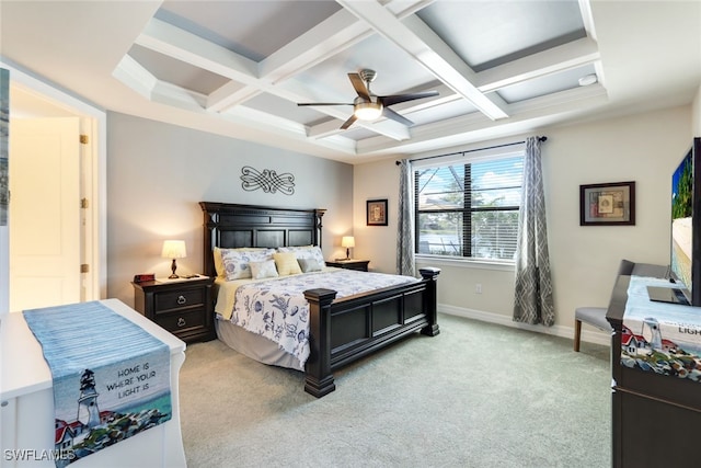 carpeted bedroom with beamed ceiling, ceiling fan, and coffered ceiling