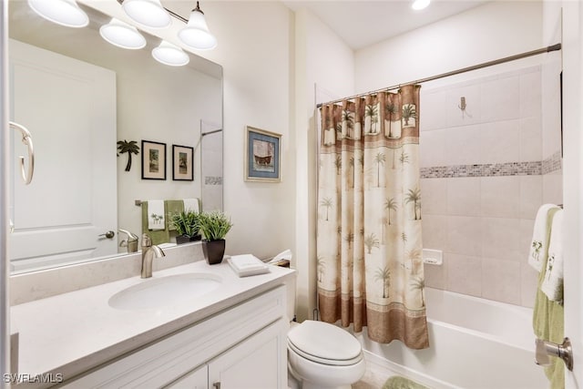 full bathroom with shower / bath combo, toilet, and vanity