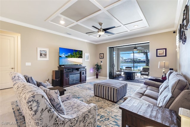 living room with ceiling fan, ornamental molding, and coffered ceiling