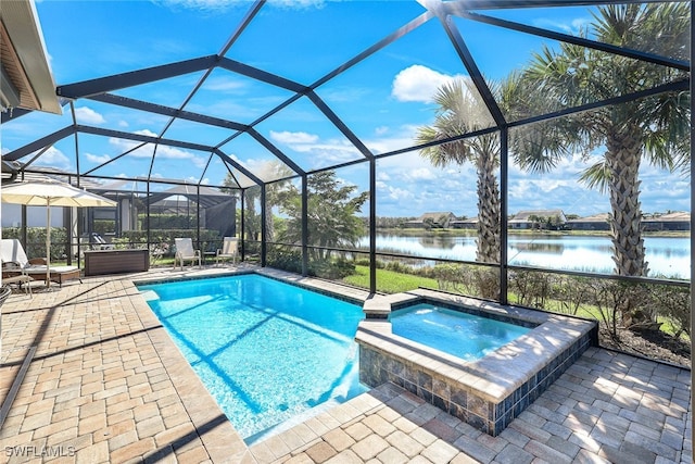 view of pool with a lanai, a water view, an in ground hot tub, and a patio