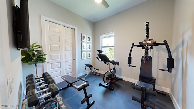 exercise area with ceiling fan